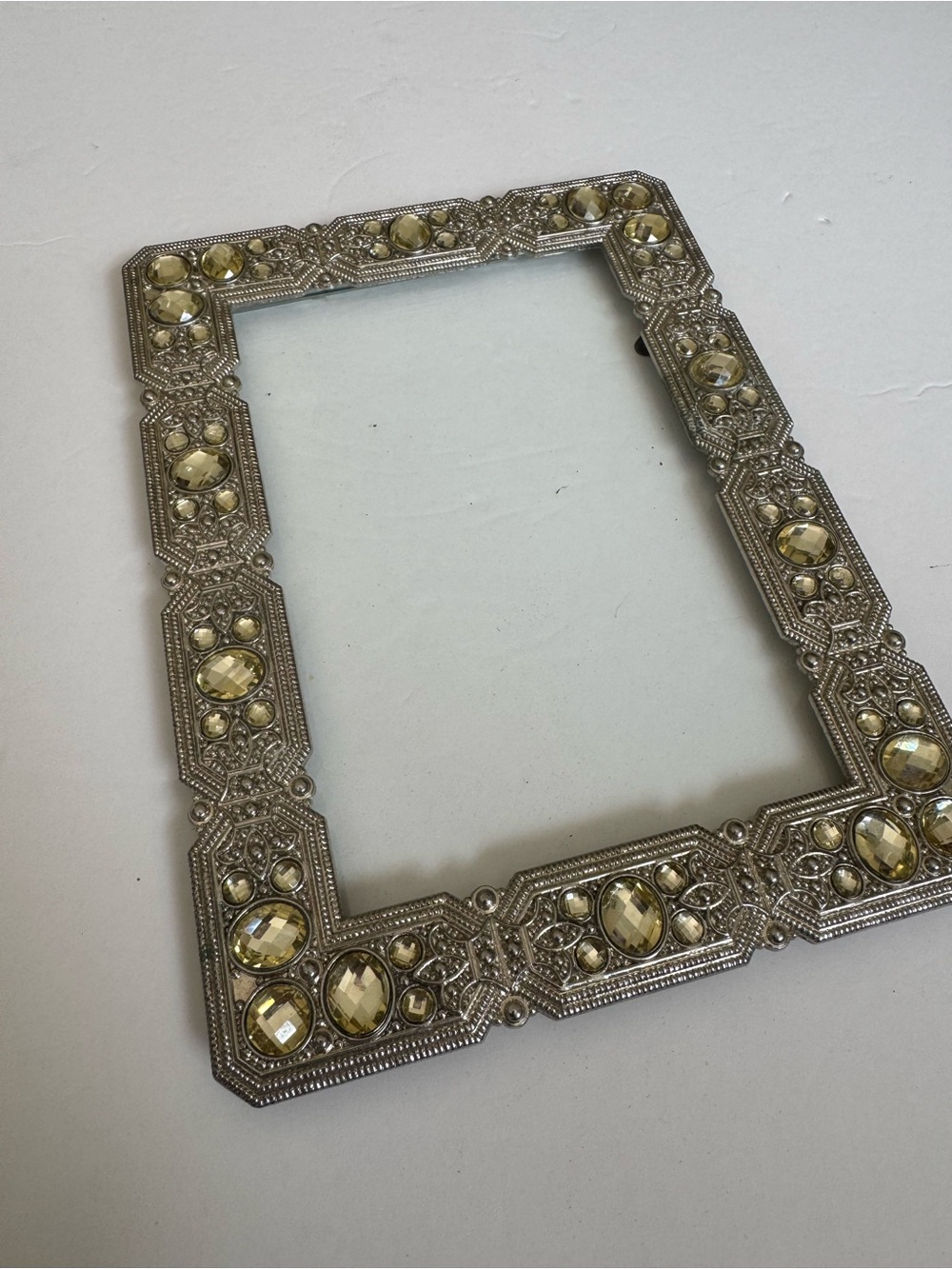 Ornate Jeweled Decorative Photo Frame - Silver with Champagne Gems